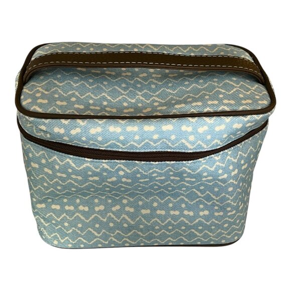 Vtg Estée Lauder Blue White Zigzag Cosmetic Travel Bag with Brown Trim - Picture 4 of 8